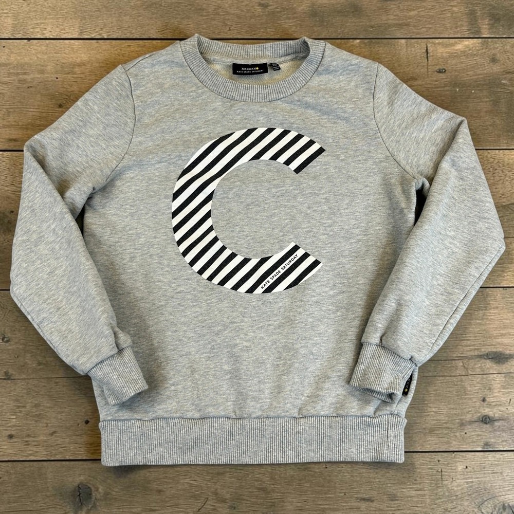Kate Spade Saturday Sweatshirt Womens XS/S Grey C Graphic Pullover Fench Terry
